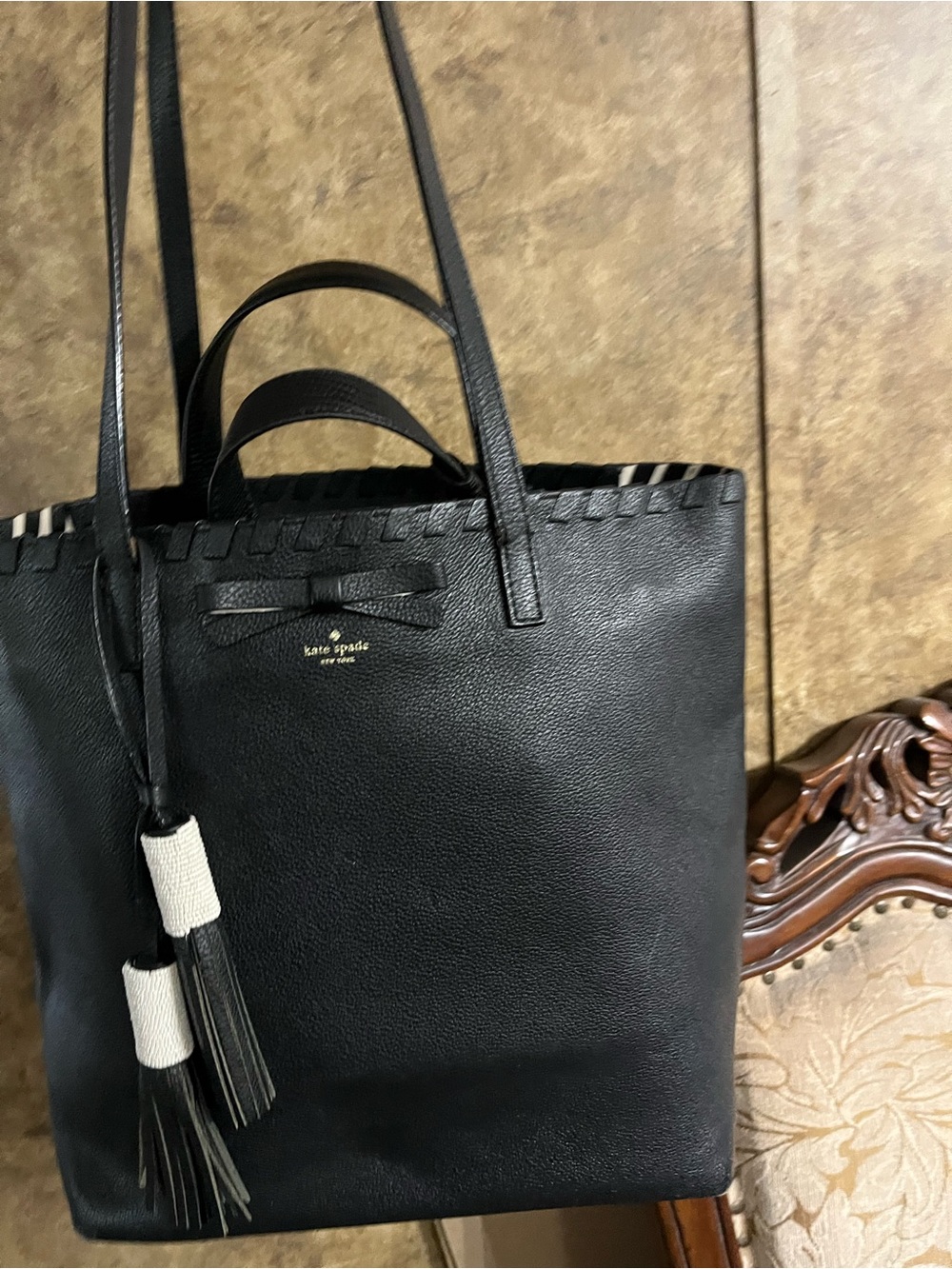 kate spade Black Leather Tote with Tassel Detail